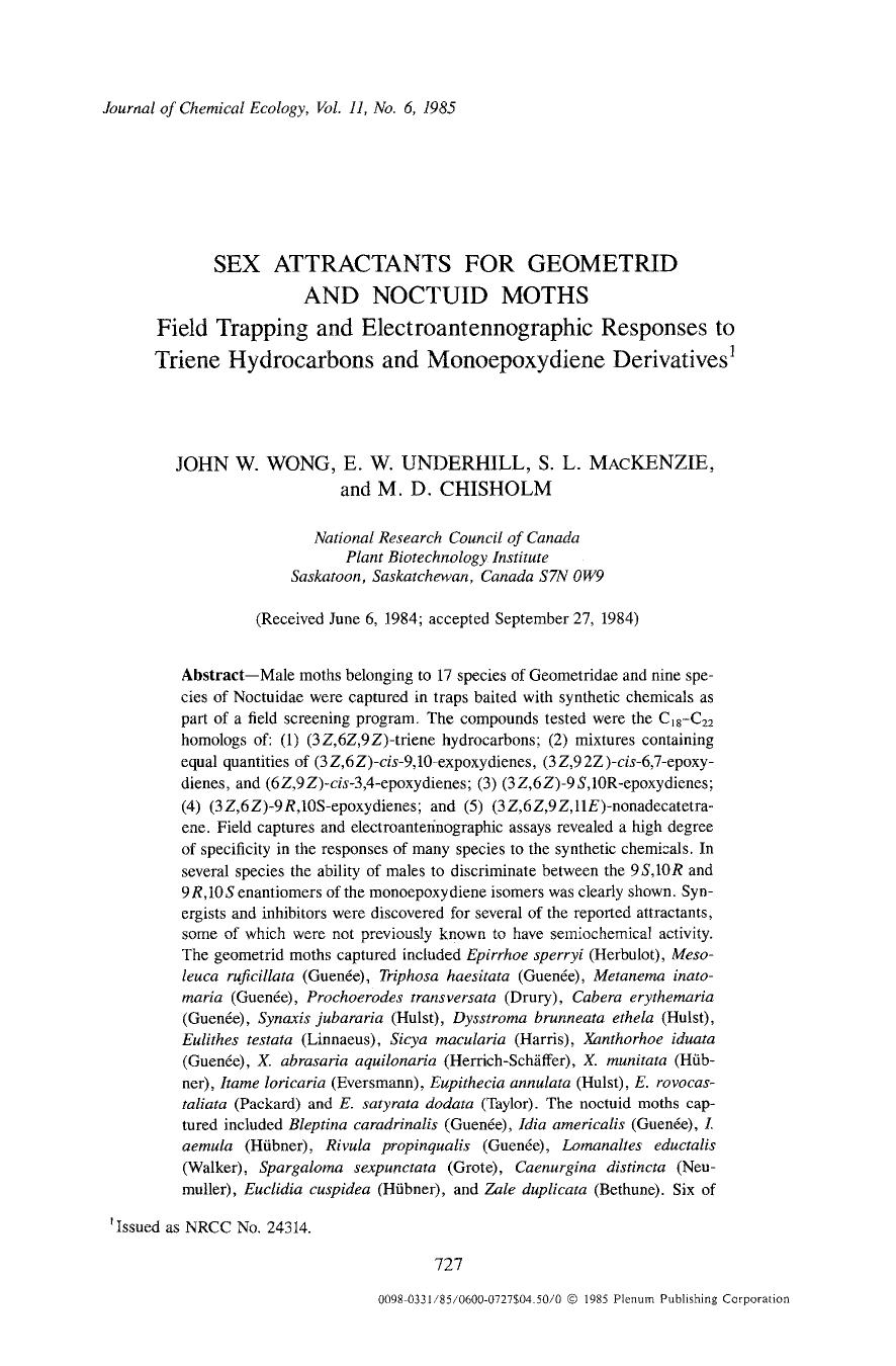 Sex attractants for Geometrid and Noctuid moths by Unknown