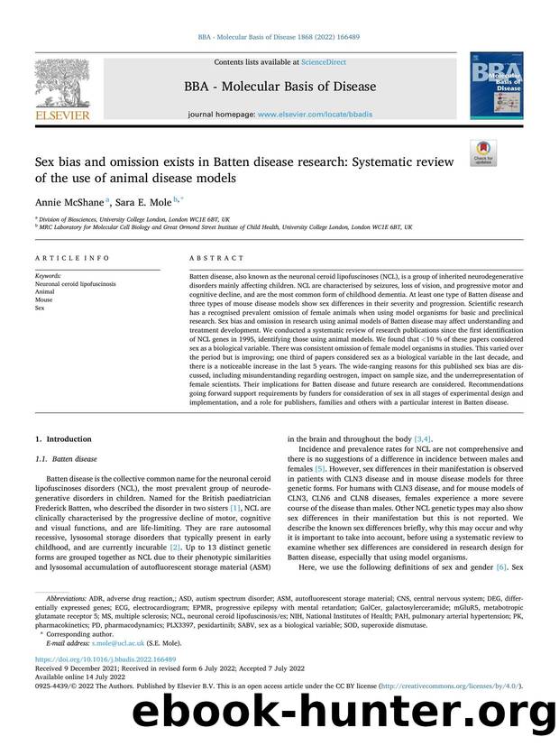 Sex bias and omission exists in Batten disease research: Systematic review of the use of animal disease models by Annie McShane & Sara E. Mole