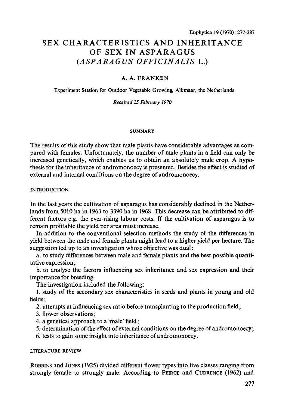 Sex characteristics and inheritance of sex in asparagus ( <Emphasis Type="Italic">Asparagus officinalis <Emphasis> L.) by Unknown