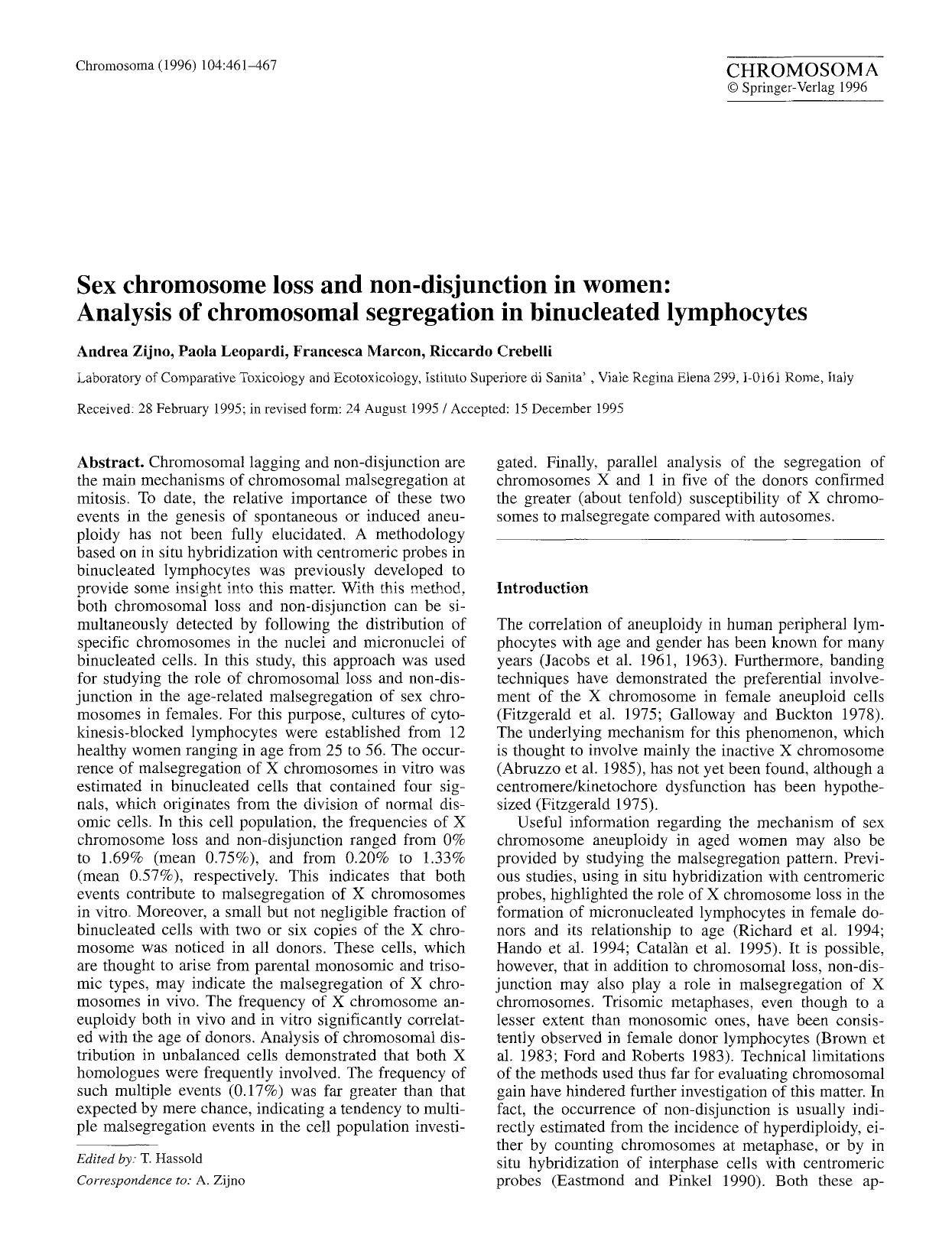 Sex chromosome loss and non-disjunction in women: Analysis of chromosomal segregation in binucleated lymphocytes by Unknown