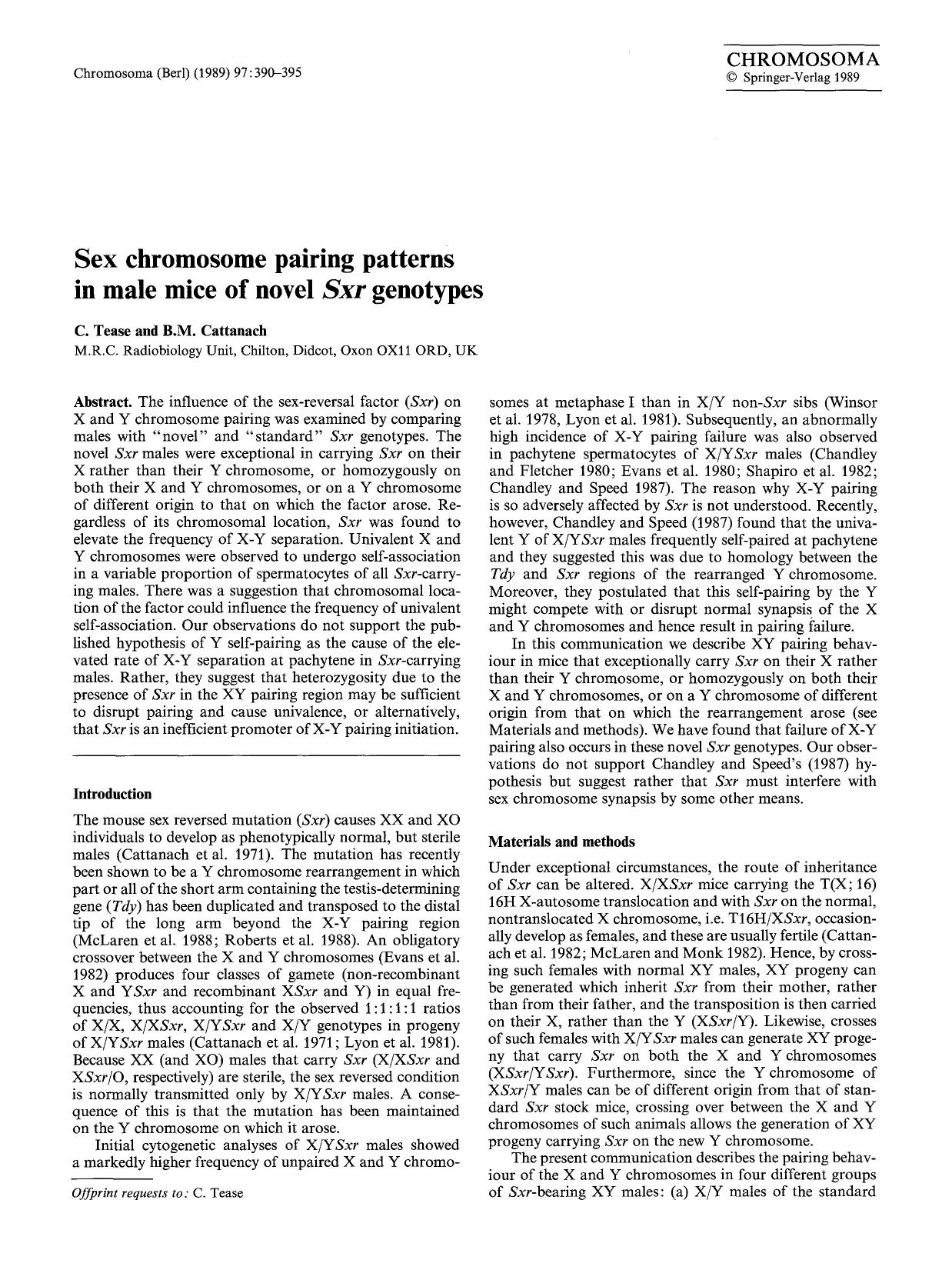 Sex chromosome pairing patterns in male mice of novel <Emphasis Type="Italic">Sxr<Emphasis> genotypes by Unknown