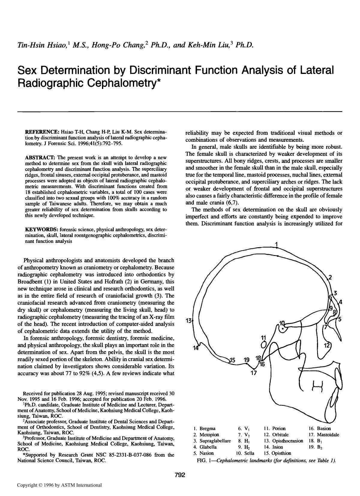 Sex determination by discriminant function analysis of lateral radiographic cephalometry by Hsiao T-H Chang H-P Liu K-M