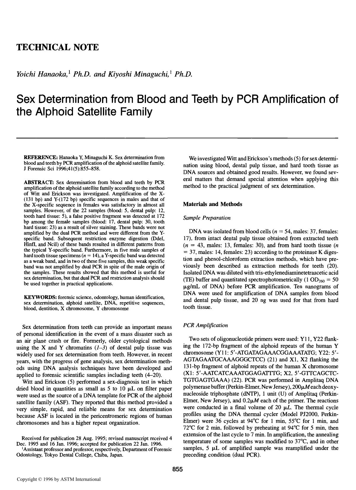 Sex determination from blood and teeth by PCR amplification of the alphoid satellite family by Hanaoka Y Minaguchi K