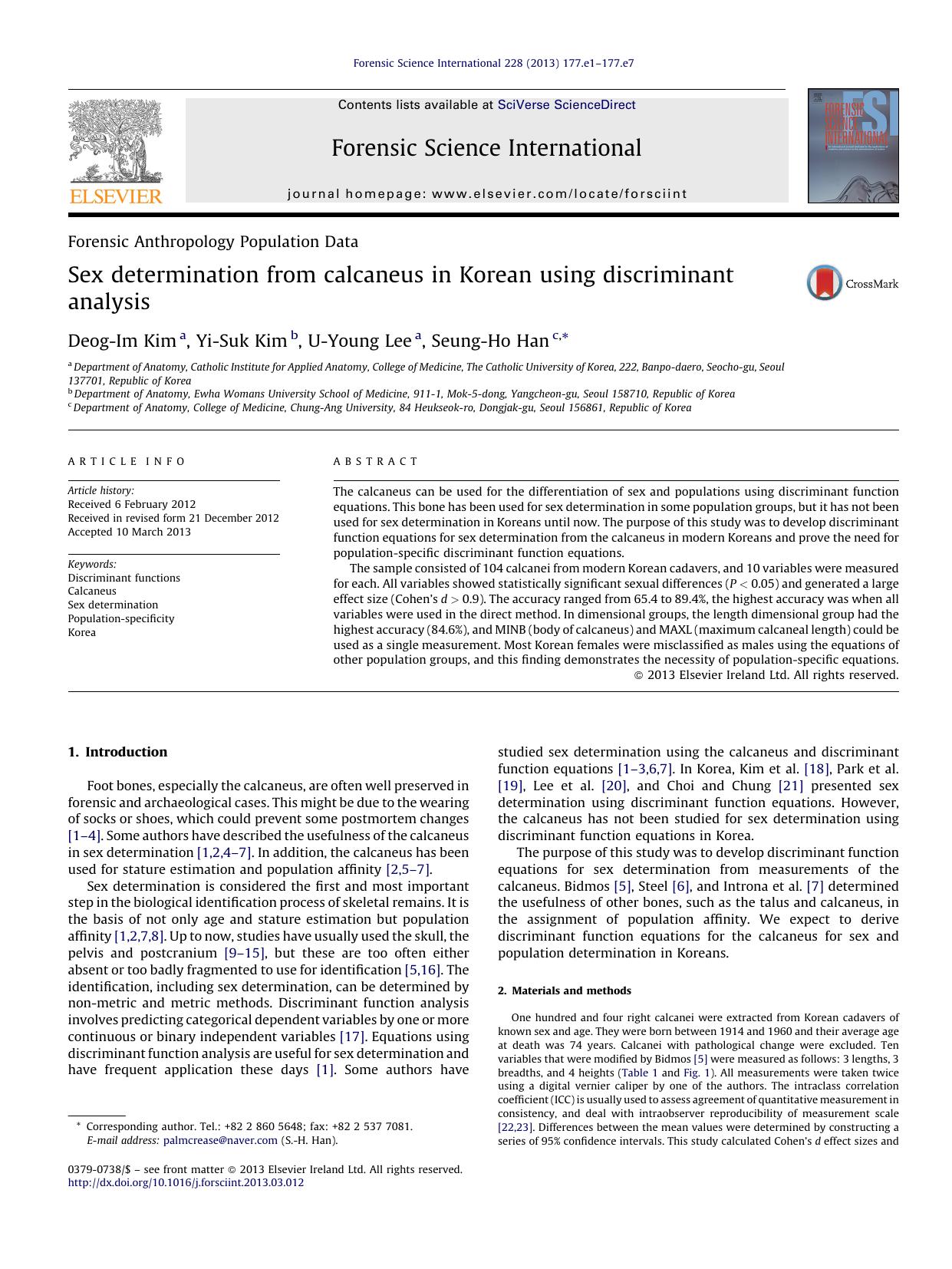 Sex determination from calcaneus in Korean using discriminant analysis by Deog-Im Kim & Yi-Suk Kim & U-Young Lee & Seung-Ho Han
