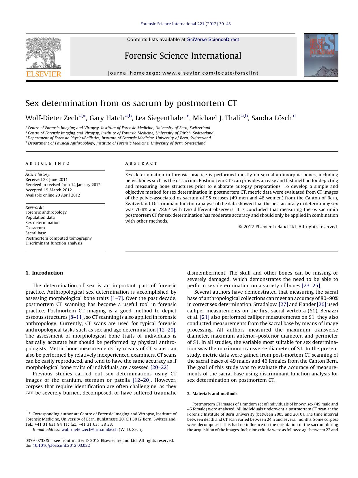 Sex determination from os sacrum by postmortem CT by Wolf-Dieter Zech & Gary Hatch & Lea Siegenthaler & Michael J. Thali & Sandra Lösch