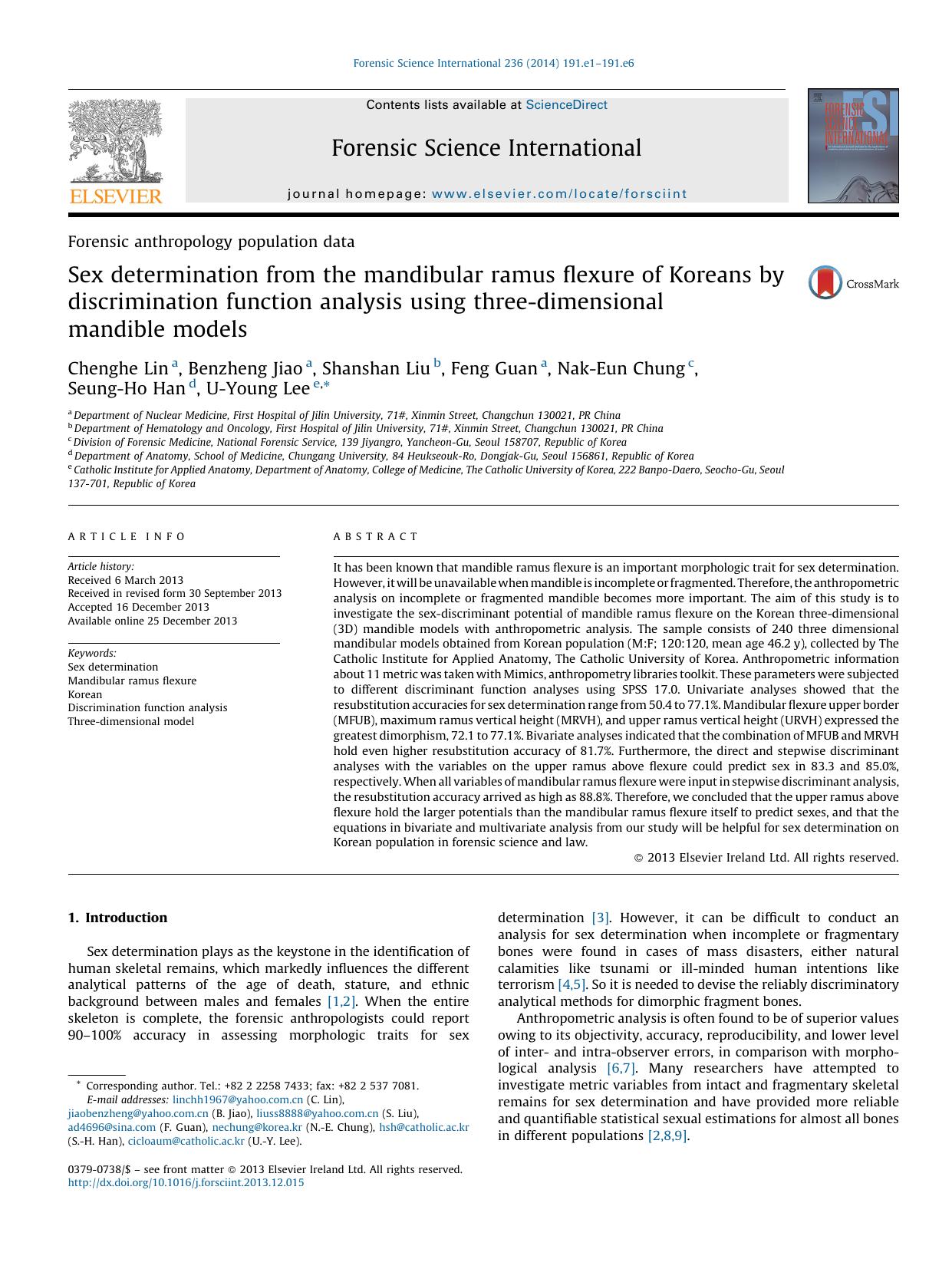 Sex determination from the mandibular ramus flexure of Koreans by discrimination function analysis using three-dimensional mandible models by Chenghe Lin