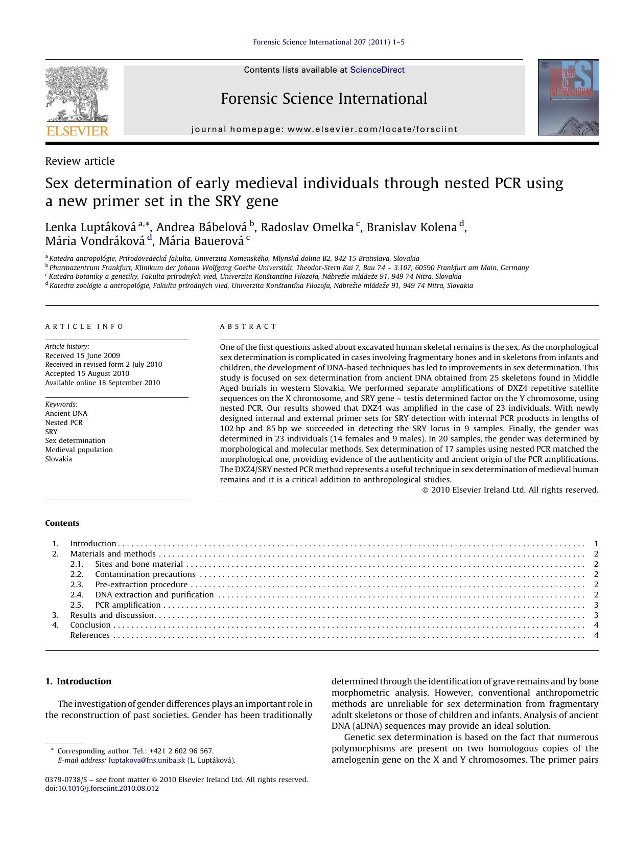 Sex determination of early medieval individuals through nested PCR using a new primer set in the SRY gene by Lenka LuptÃ¡kovÃ¡