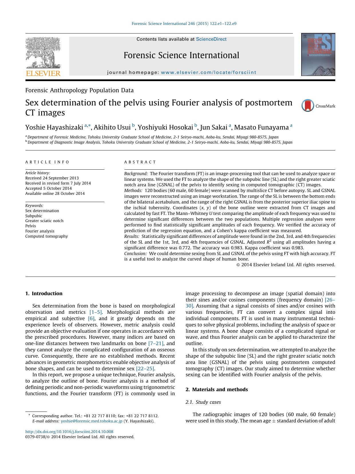 Sex determination of the pelvis using Fourier analysis of postmortem CT images by Yoshie Hayashizaki & Akihito Usui & Yoshiyuki Hosokai & Jun Sakai & Masato Funayama
