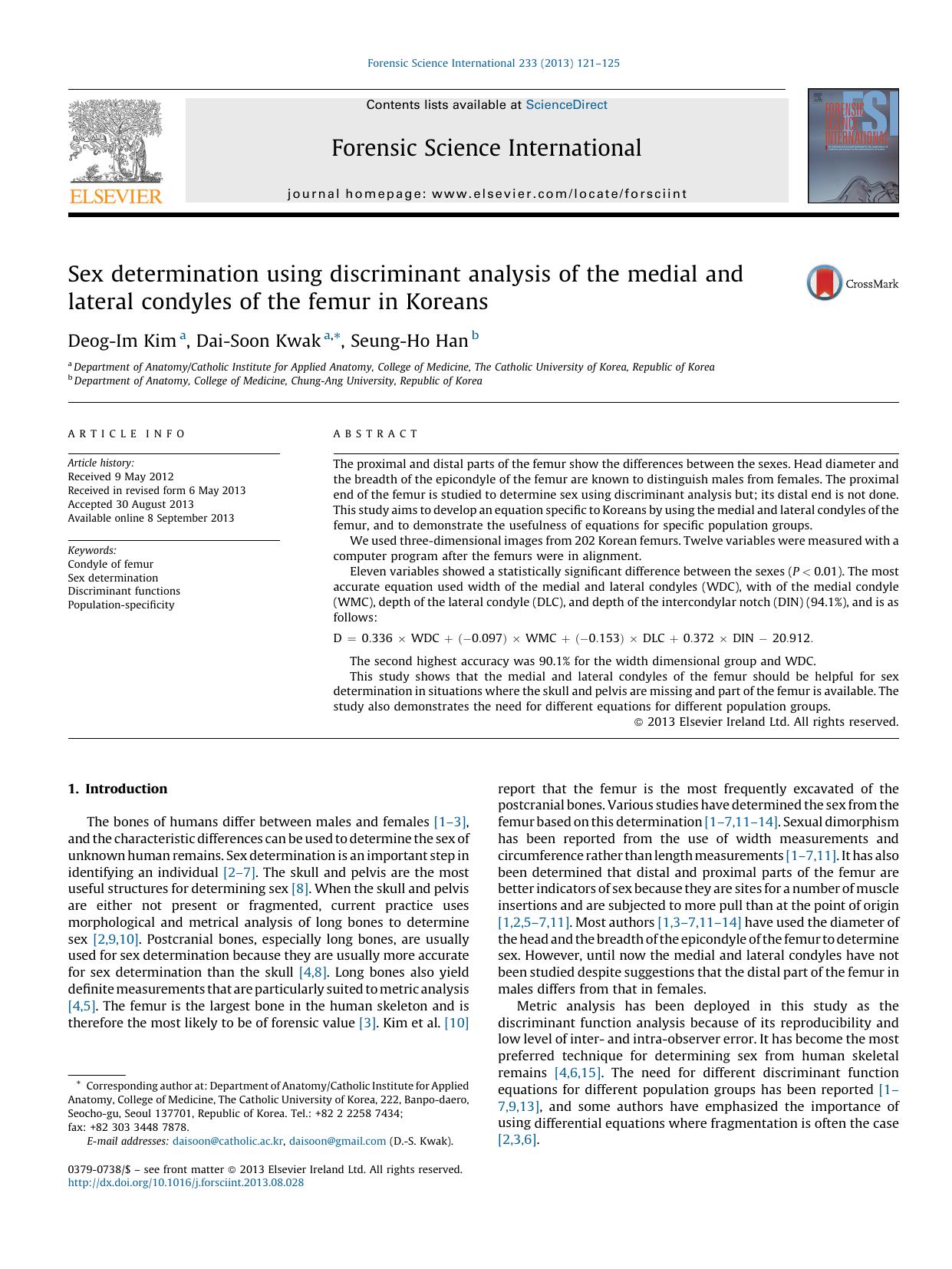 Sex determination using discriminant analysis of the medial and lateral condyles of the femur in Koreans by Deog-Im Kim & Dai-Soon Kwak & Seung-Ho Han