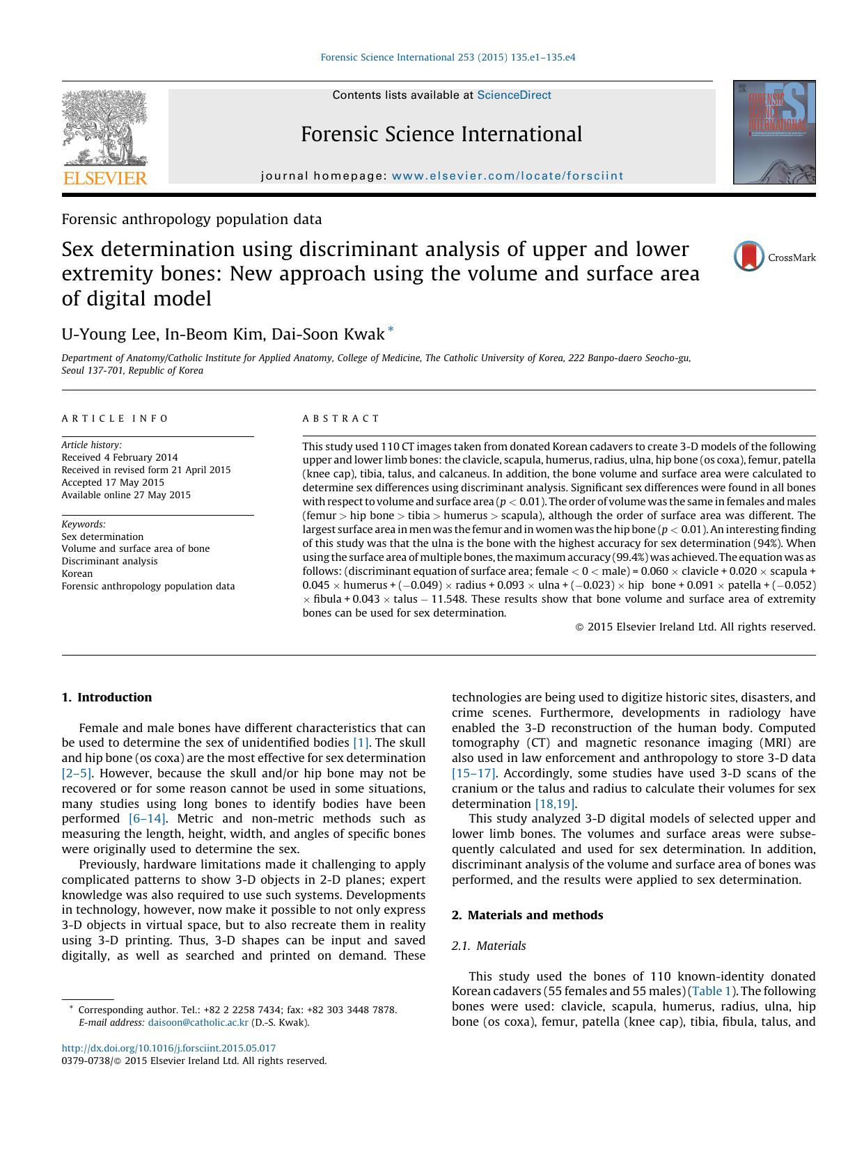 Sex determination using discriminant analysis of upper and lower extremity bones: New approach using the volume and surface area of digital model by U-Young Lee & In-Beom Kim & Dai-Soon Kwak