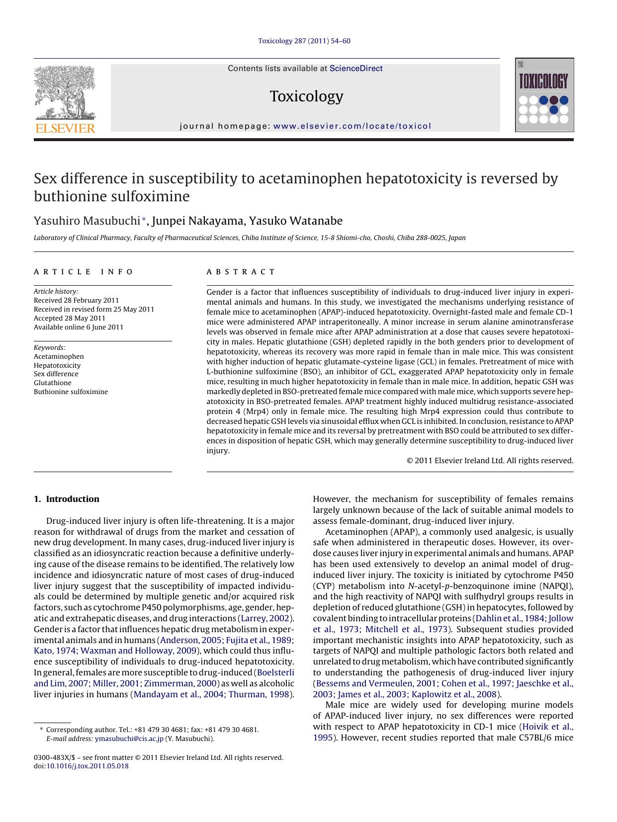 Sex difference in susceptibility to acetaminophen hepatotoxicity is reversed by buthionine sulfoximine by Yasuhiro Masubuchi