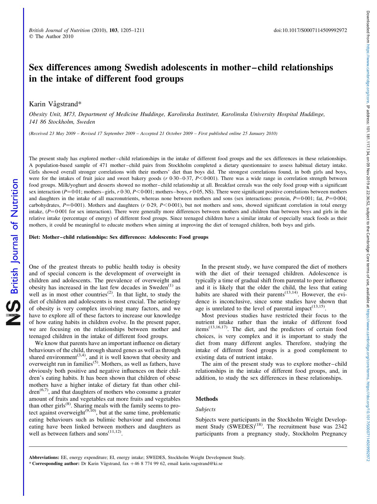 Sex differences among Swedish adolescents in motherâchild relationships in the intake of different food groups by Karin Vågstrand