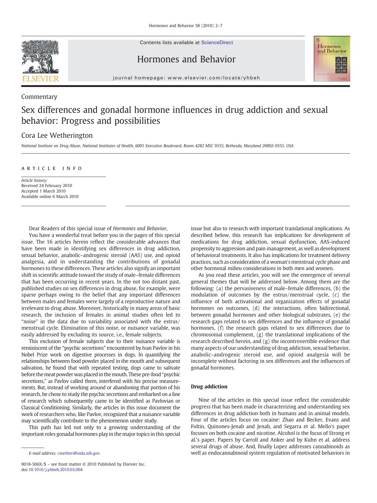 Sex differences and gonadal hormone influences in drug addiction and sexual behavior: Progress and possibilities by Cora Lee Wetherington