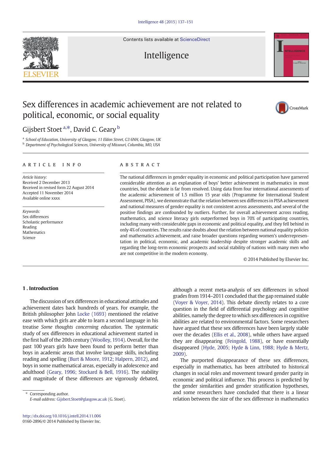 Sex differences in academic achievement are not related to political, economic, or social equality by Gijsbert Stoet & David C. Geary