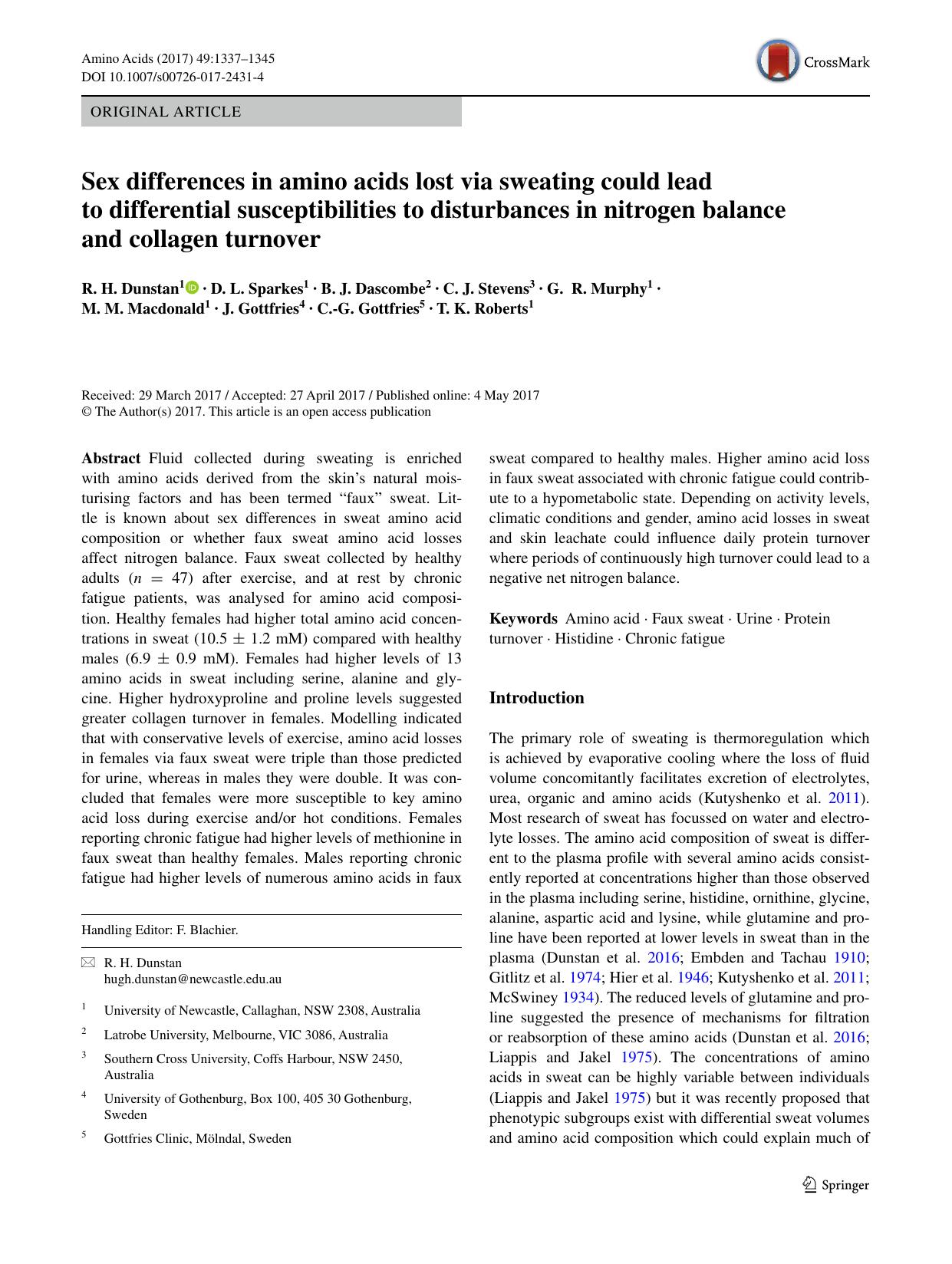 Sex differences in amino acids lost via sweating could lead to differential susceptibilities to disturbances in nitrogen balance and collagen turnover by unknow