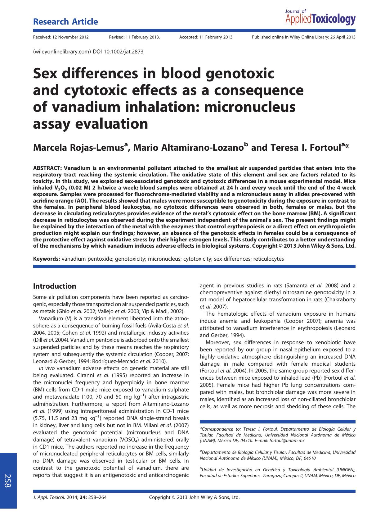 Sex differences in blood genotoxic and cytotoxic effects as a consequence of vanadium inhalation: micronucleus assay evaluation by Unknown