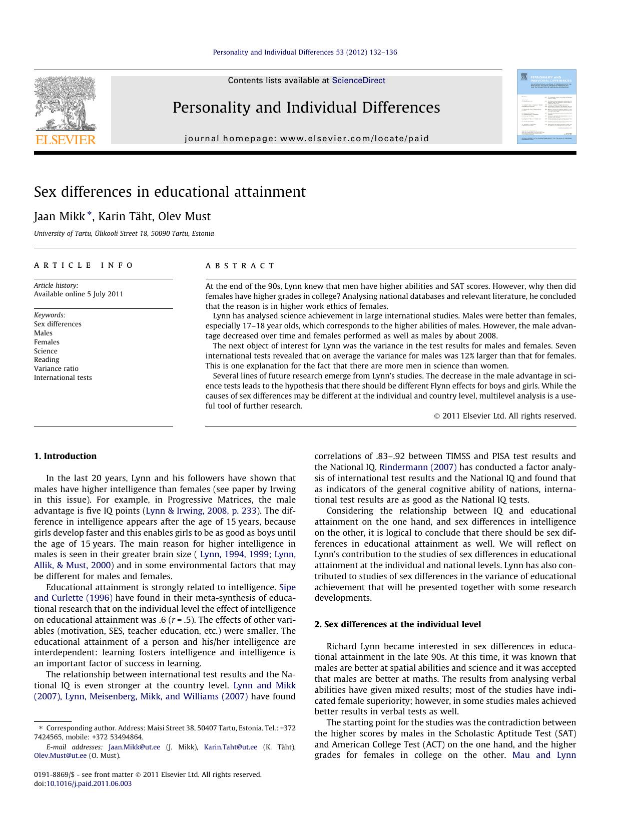 Sex differences in educational attainment by Jaan Mikk & Karin Täht & Olev Must