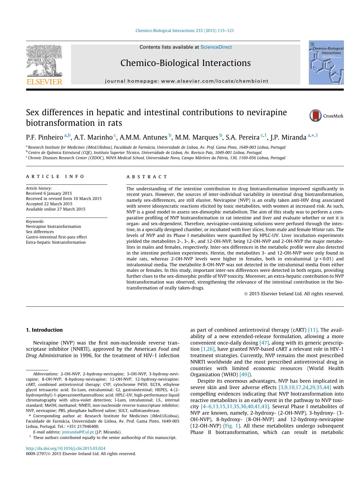 Sex differences in hepatic and intestinal contributions to nevirapine biotransformation in rats by P.F. Pinheiro & A.T. Marinho & A.M.M. Antunes & M.M. Marques & S.A. Pereira & J.P. Miranda