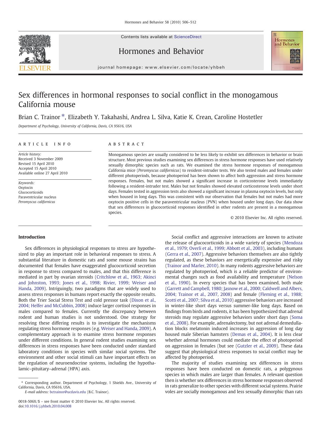 Sex differences in hormonal responses to social conflict in the monogamous California mouse by Brian C. Trainor