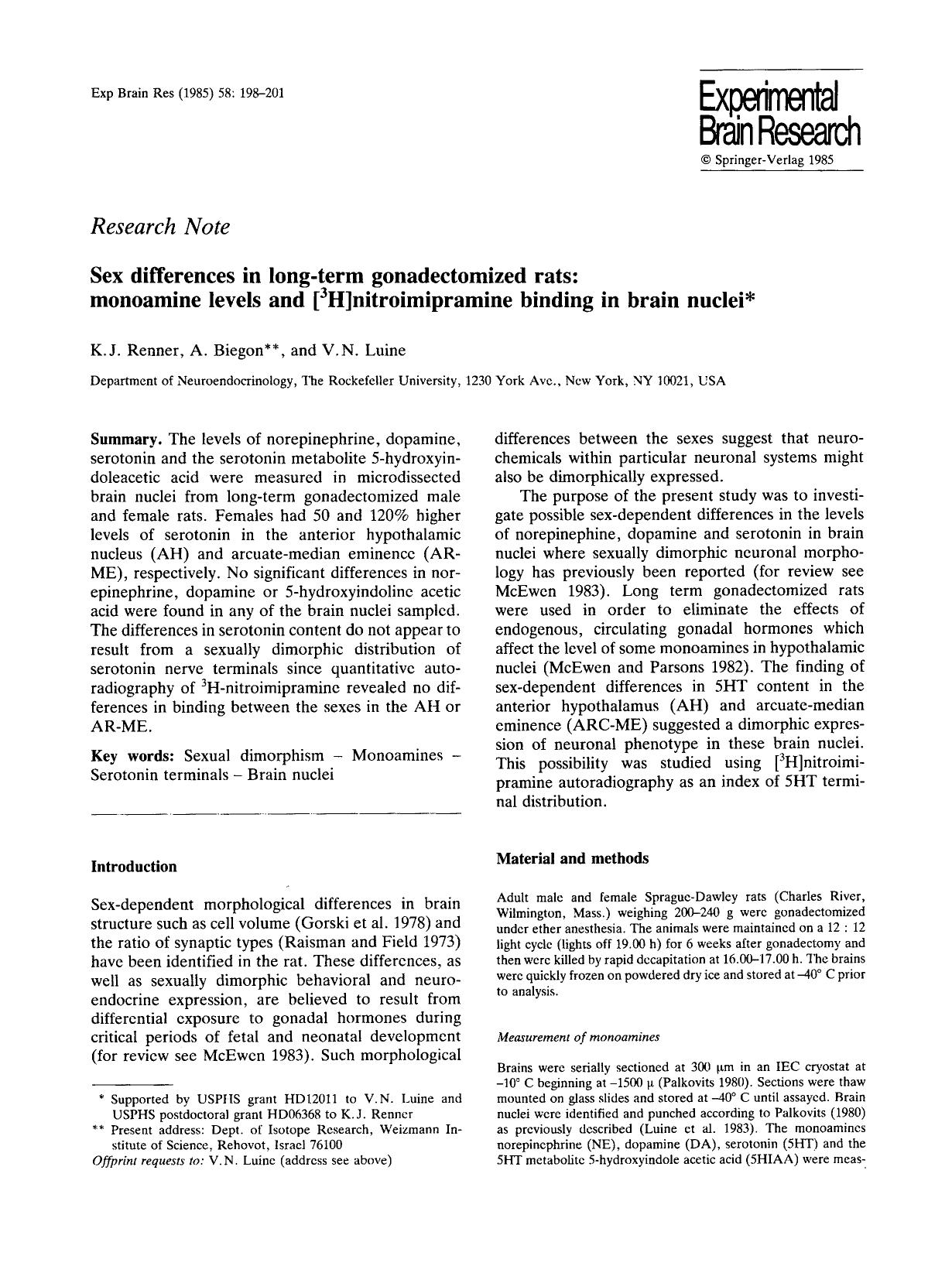 Sex differences in long-term gonadectomized rats: monoamine levels and [ <Superscript>3 <Superscript>H]nitroimipramine binding in brain nuclei by Unknown