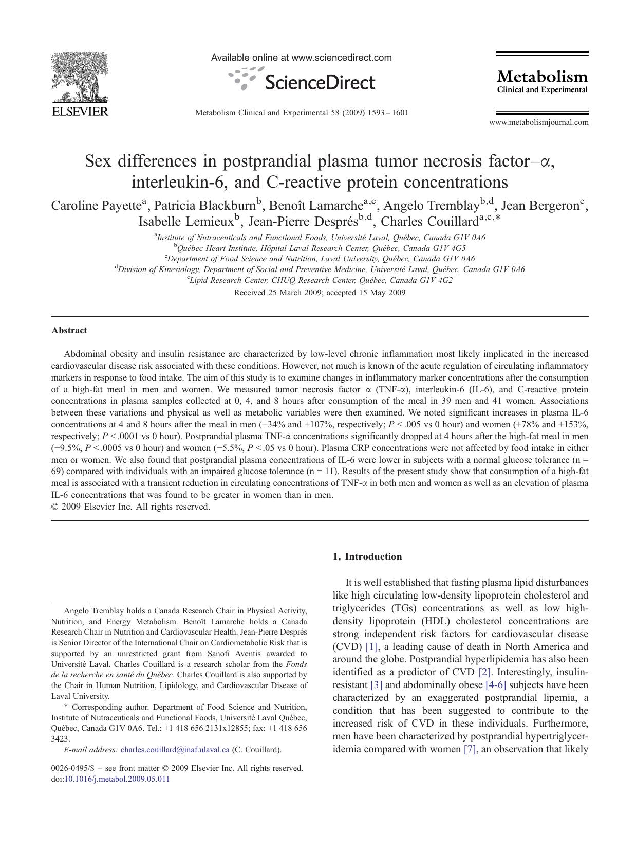 Sex differences in postprandial plasma tumor necrosis factorâÎ±, interleukin-6, and C-reactive protein concentrations by unknow