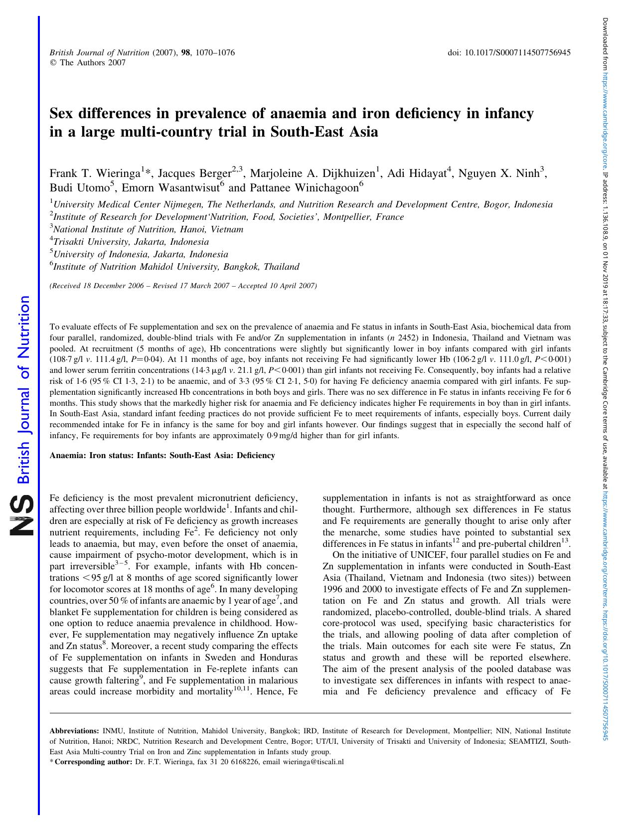 Sex differences in prevalence of anaemia and iron deficiency in infancy in a large multi-country trial in South-East Asia by unknow