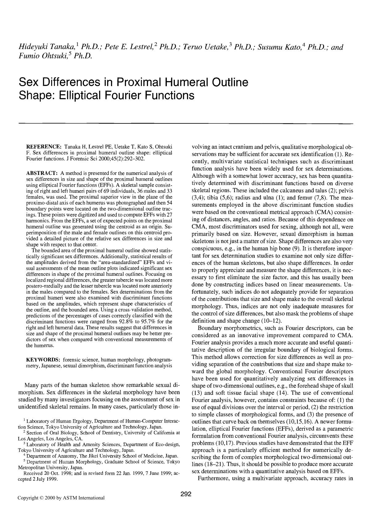 Sex differences in proximal humeral outline shape: elliptical fourier functions by Tanaka H Lestrel PE Uetake T Kato S Ohtsuki F