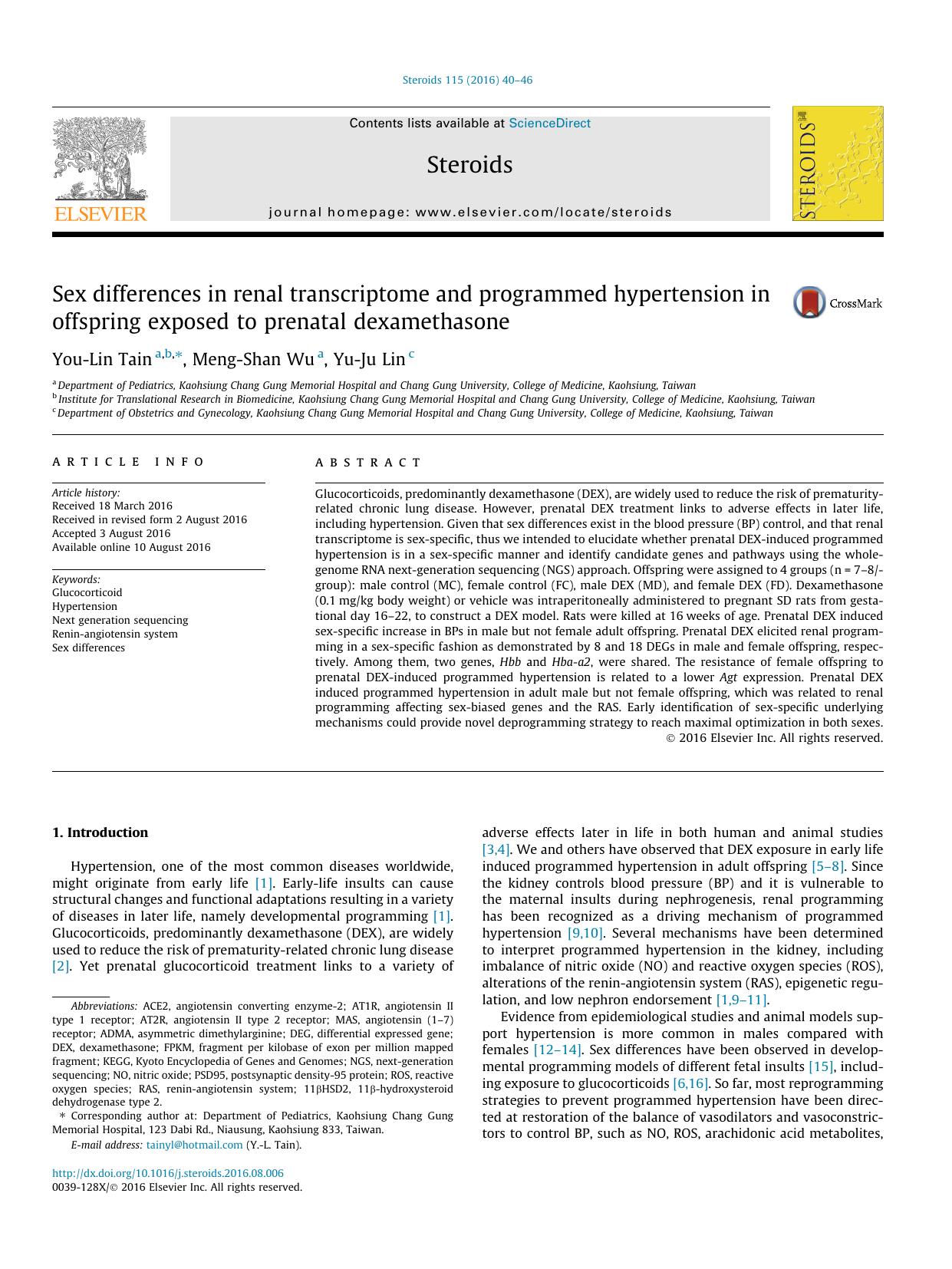 Sex differences in renal transcriptome and programmed hypertension in offspring exposed to prenatal dexamethasone by You-Lin Tain & Meng-Shan Wu & Yu-Ju Lin