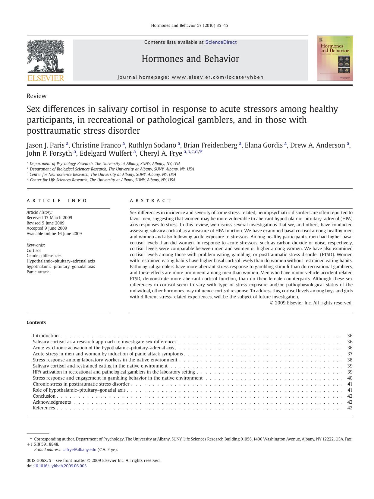 Sex differences in salivary cortisol in response to acute stressors among healthy participants, in recreational or pathological gamblers, and in those with posttraumatic stress disorder by unknow