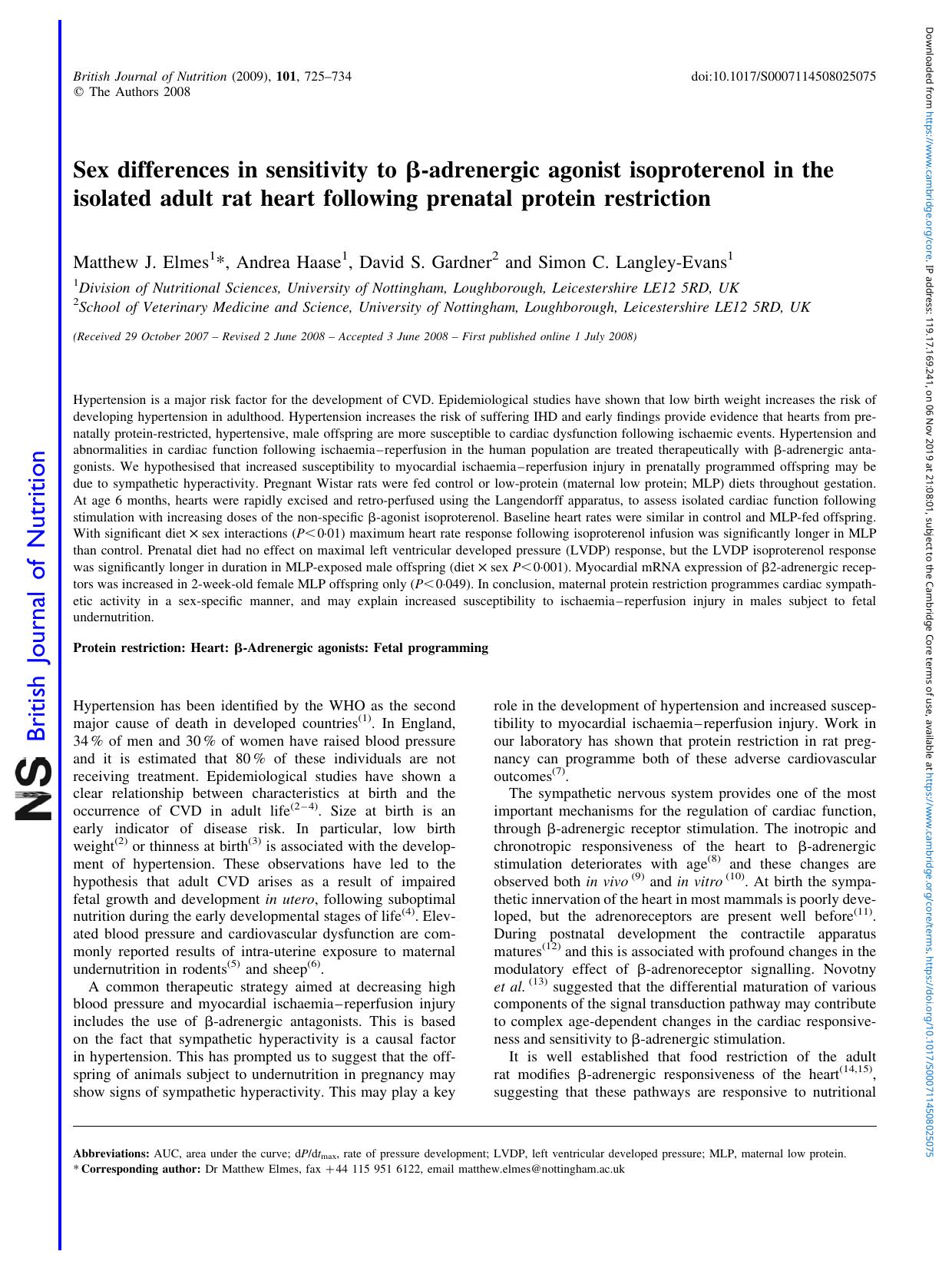 Sex differences in sensitivity to Î²-adrenergic agonist isoproterenol in the isolated adult rat heart following prenatal protein restriction by Matthew J. Elmes Andrea Haase David S. Gardner Simon C. Langley-Evans