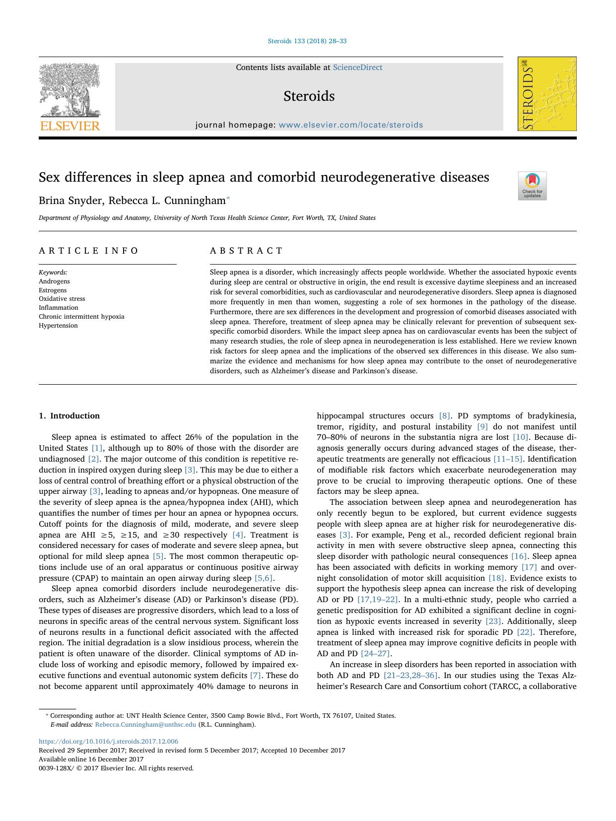 Sex differences in sleep apnea and comorbid neurodegenerative diseases by Brina Snyder & Rebecca L. Cunningham