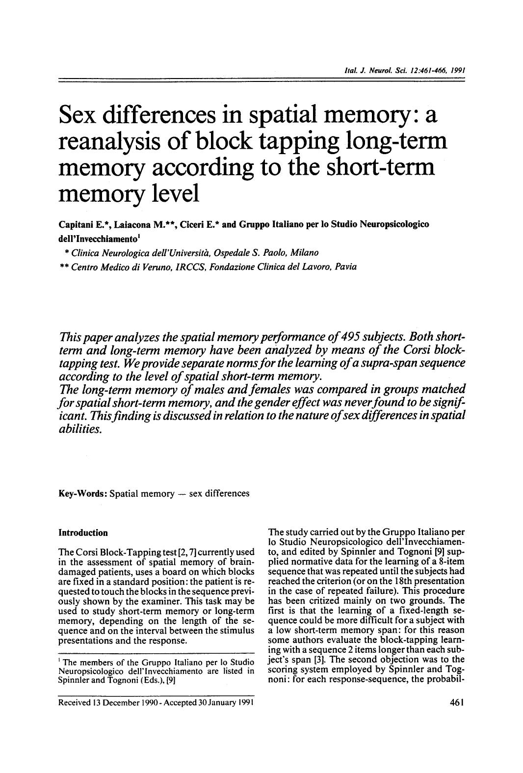 Sex differences in spatial memory: A reanalysis of block tapping long-term memory according to the short-term memory level by Unknown