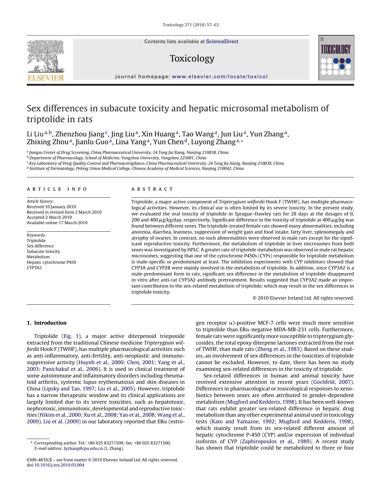 Sex differences in subacute toxicity and hepatic microsomal metabolism of triptolide in rats by unknow