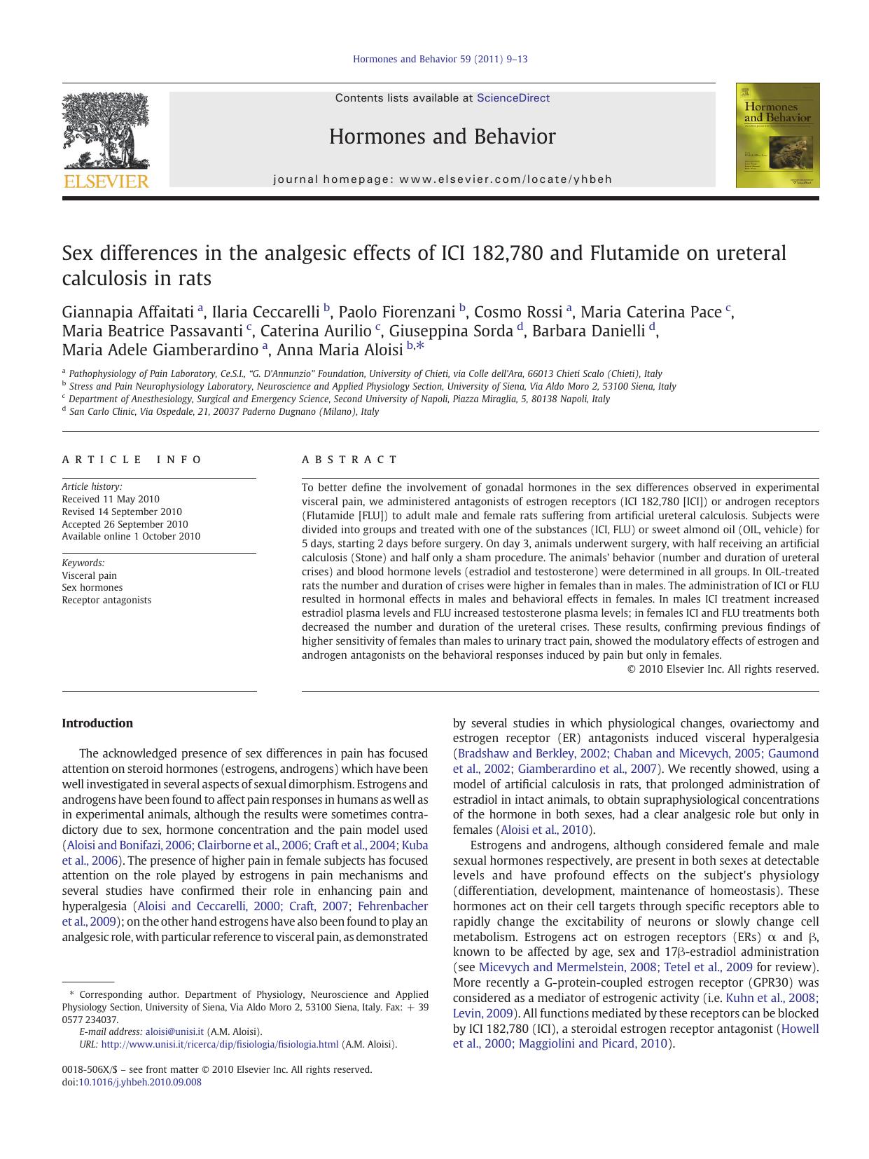 Sex differences in the analgesic effects of ICI 182,780 and Flutamide on ureteral calculosis in rats by Giannapia Affaitati
