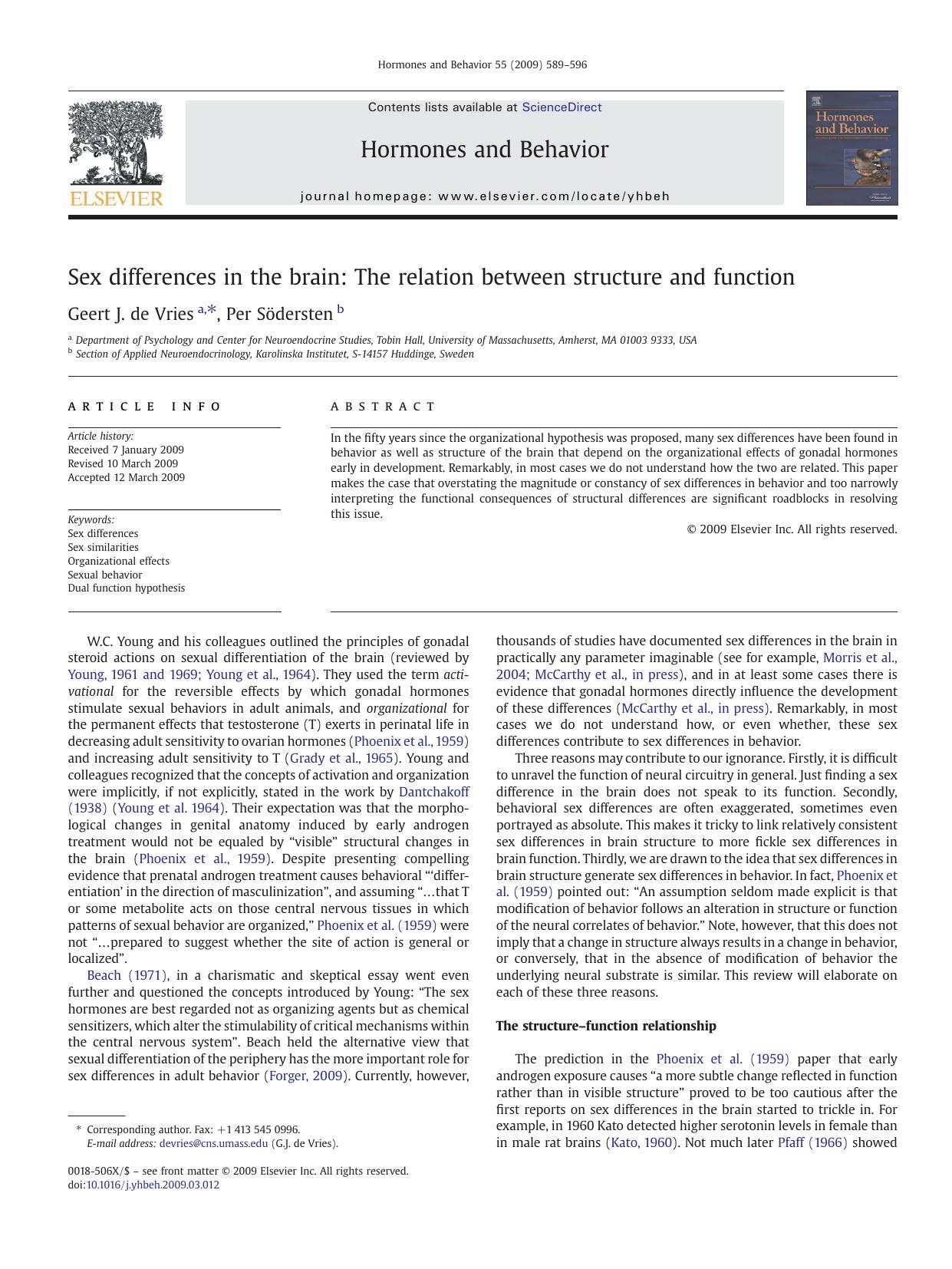 Sex differences in the brain: The relation between structure and function by Geert J. de Vries; Per Södersten