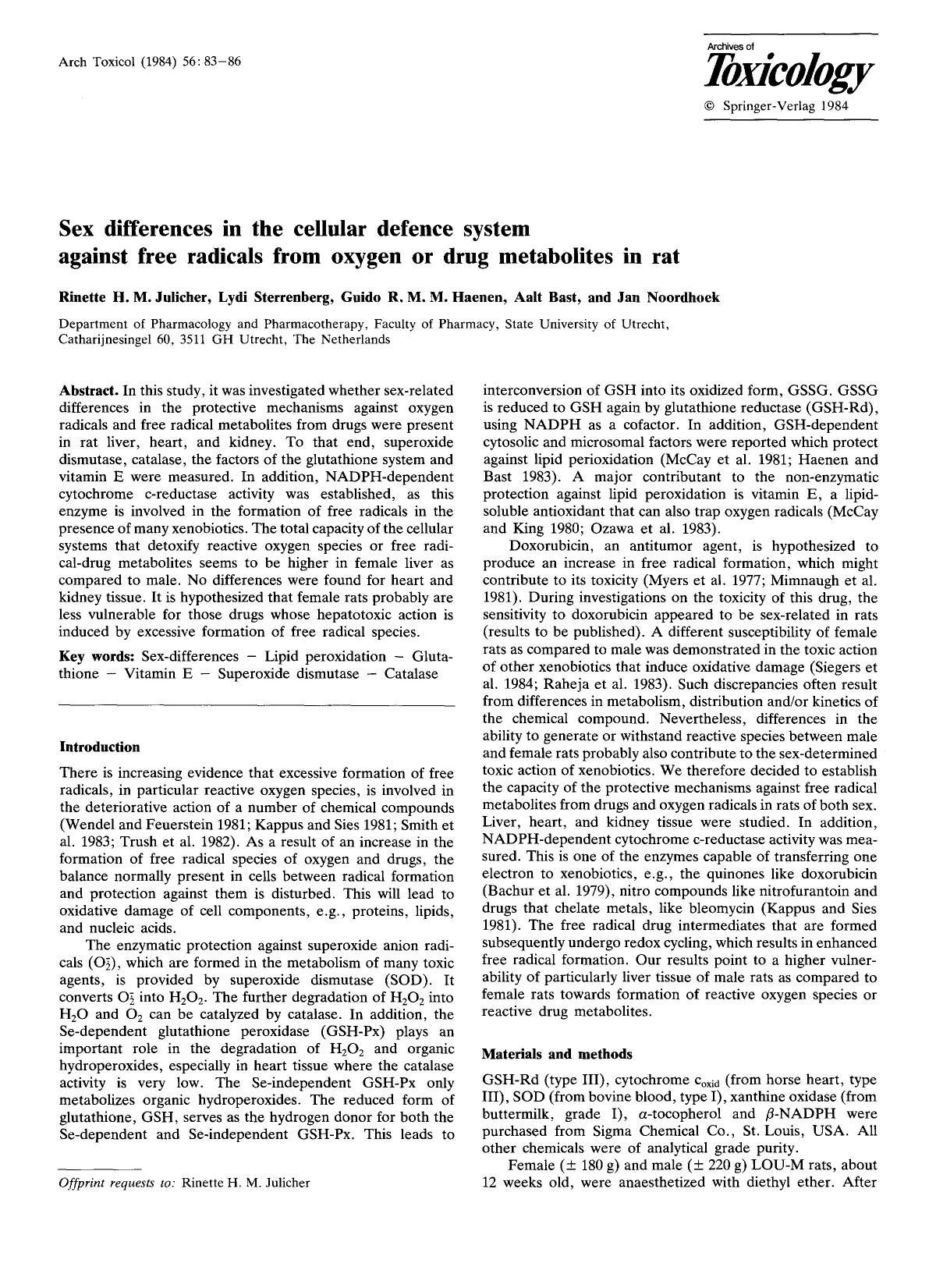 Sex differences in the cellular defence system against free radicals from oxygen or drug metabolites in rat by Unknown