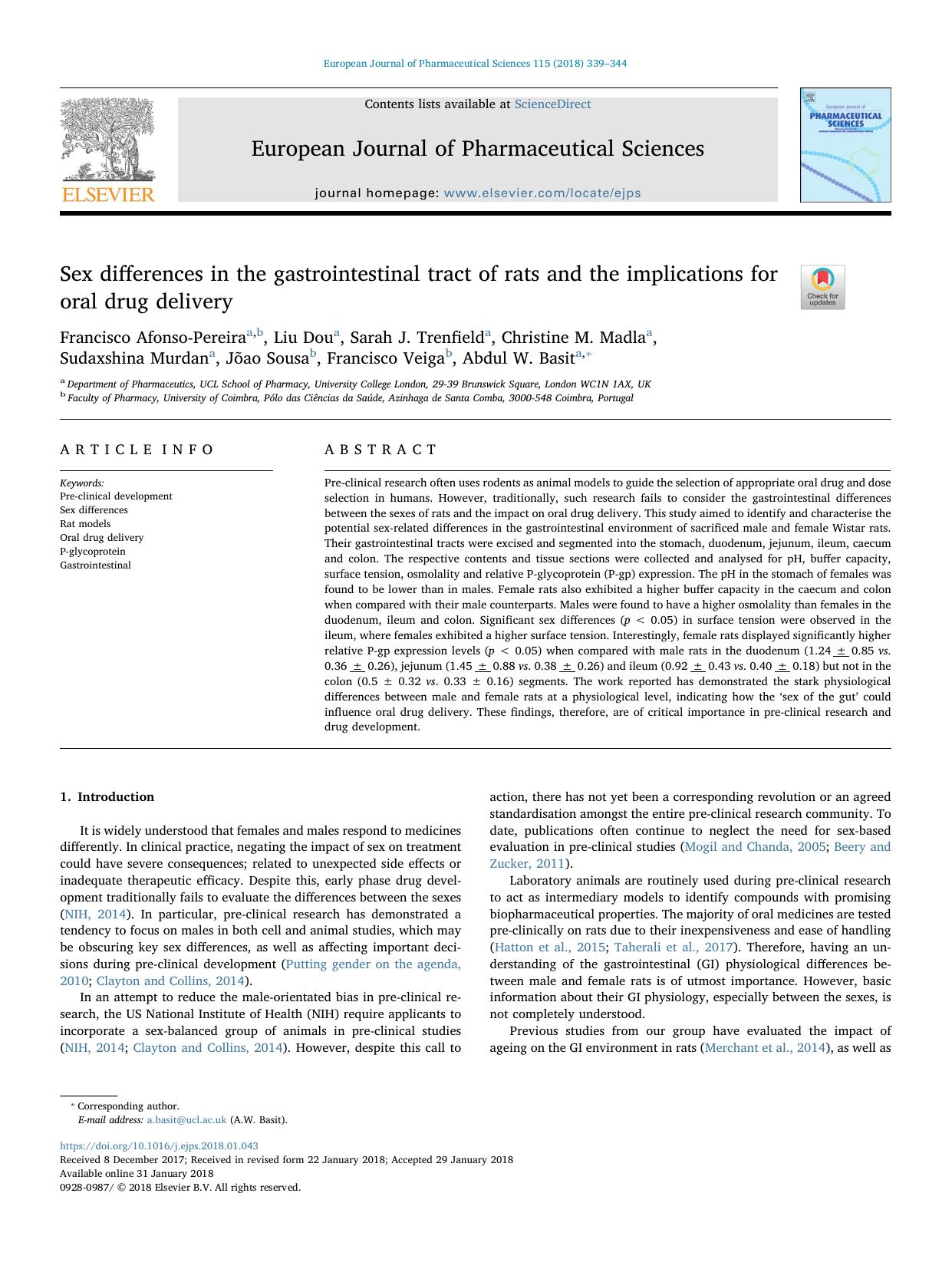Sex differences in the gastrointestinal tract of rats and the implications for oral drug delivery by unknow