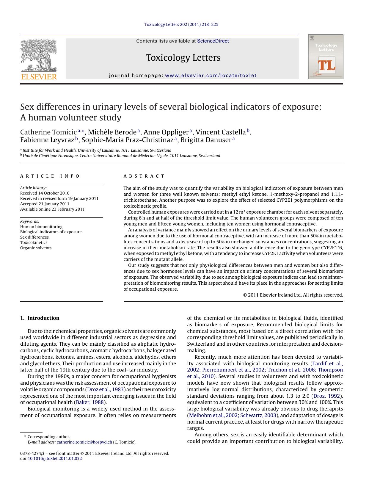 Sex differences in urinary levels of several biological indicators of exposure: A human volunteer study by Catherine Tomicic