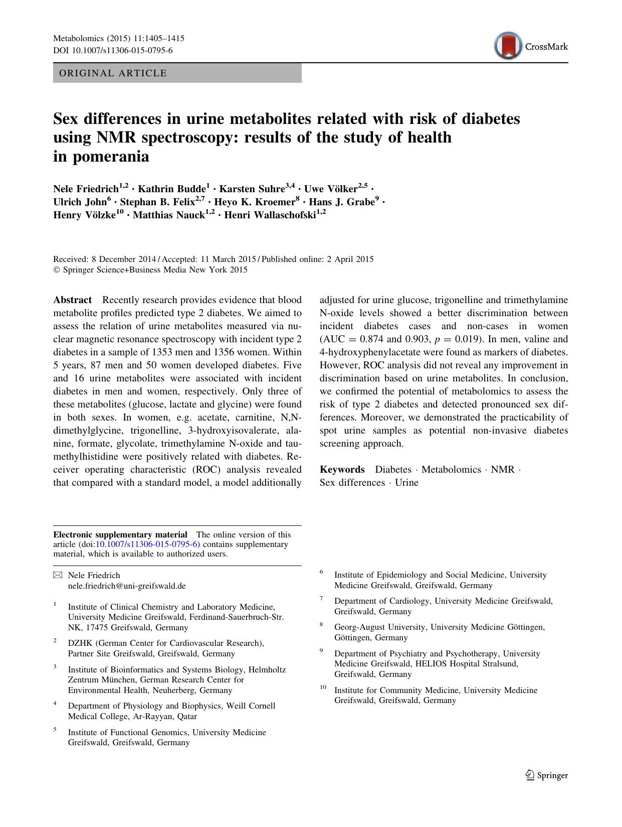 Sex differences in urine metabolites related with risk of diabetes using NMR spectroscopy: results of the study of health in pomerania by unknow