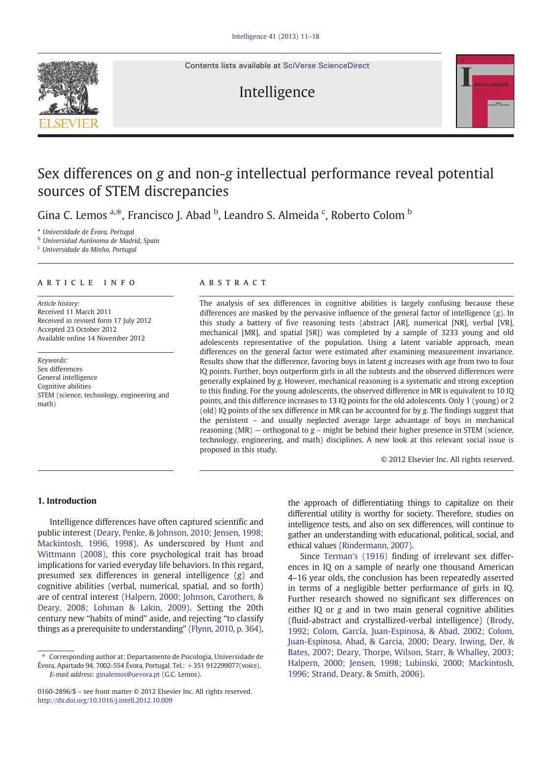 Sex differences on g and non-g intellectual performance reveal potential sources of STEM discrepancies by Gina C. Lemos & Francisco J. Abad & Leandro S. Almeida & Roberto Colom