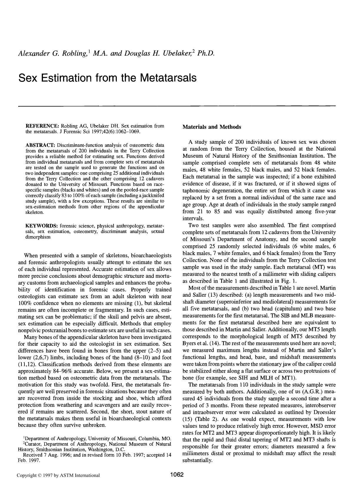 Sex estimation from the metatarsals by Robling AG Ubelaker DH