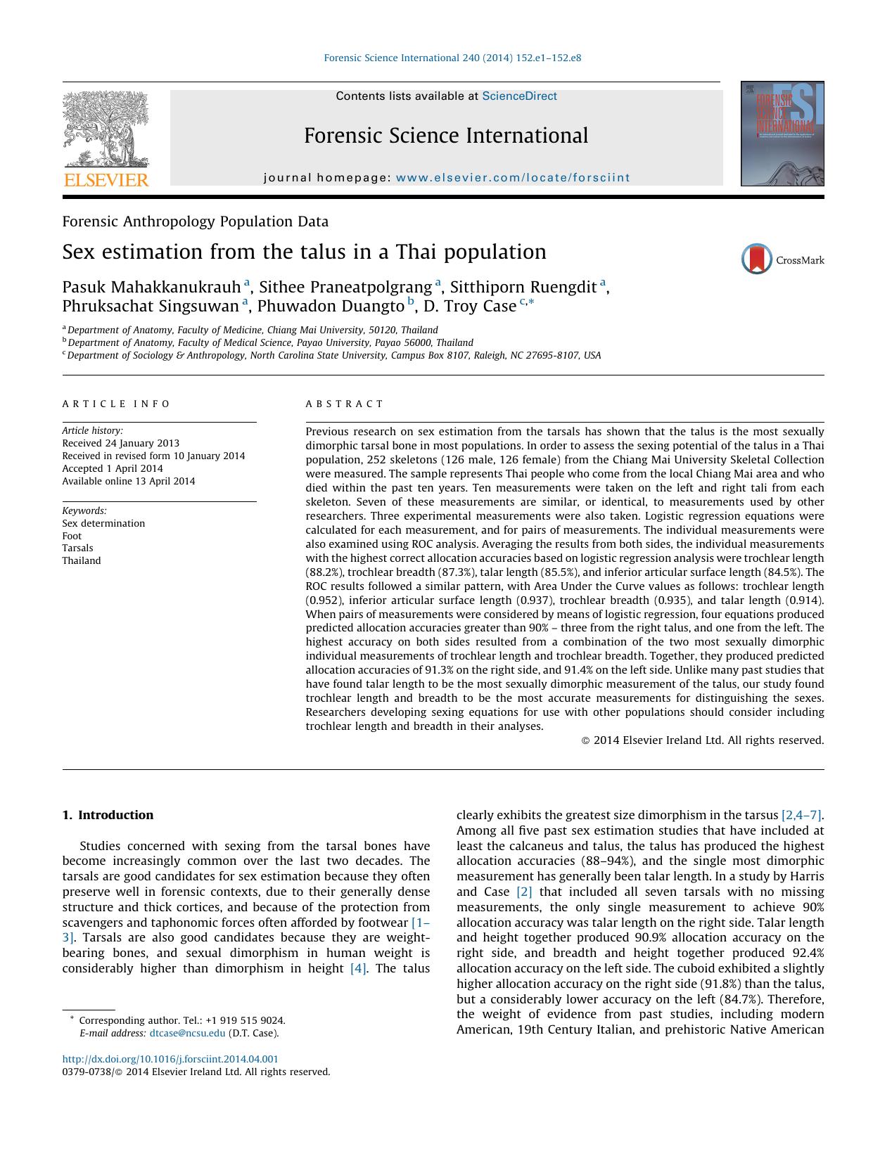Sex estimation from the talus in a Thai population by unknow