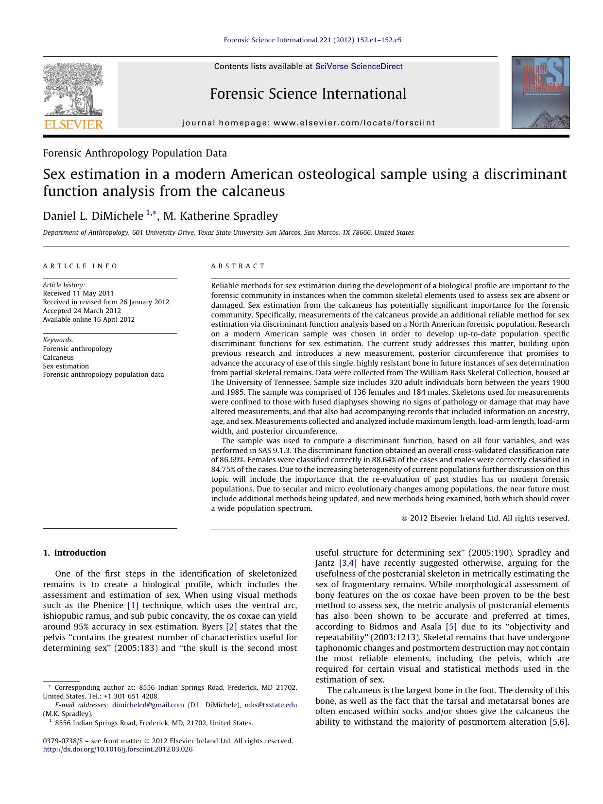 Sex estimation in a modern American osteological sample using a discriminant function analysis from the calcaneus by Daniel L. DiMichele & M. Katherine Spradley