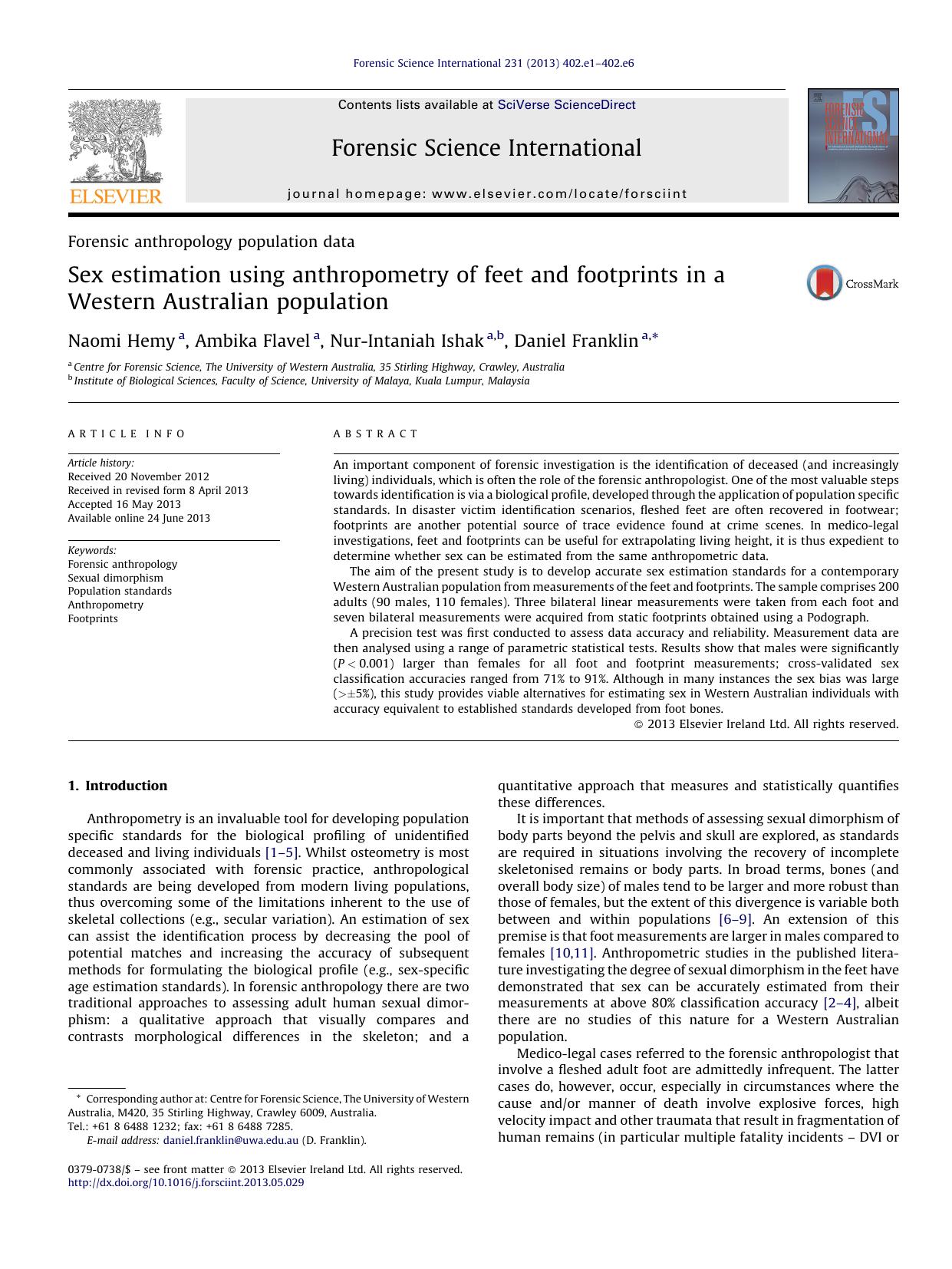 Sex estimation using anthropometry of feet and footprints in a Western Australian population by Naomi Hemy & Ambika Flavel & Nur-Intaniah Ishak & Daniel Franklin