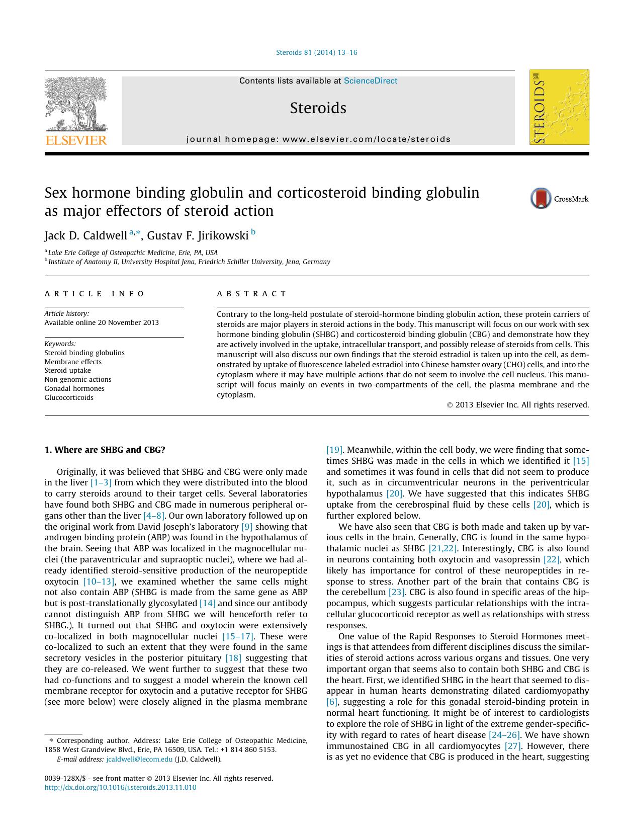 Sex hormone binding globulin and corticosteroid binding globulin as major effectors of steroid action by Jack D. Caldwell & Gustav F. Jirikowski