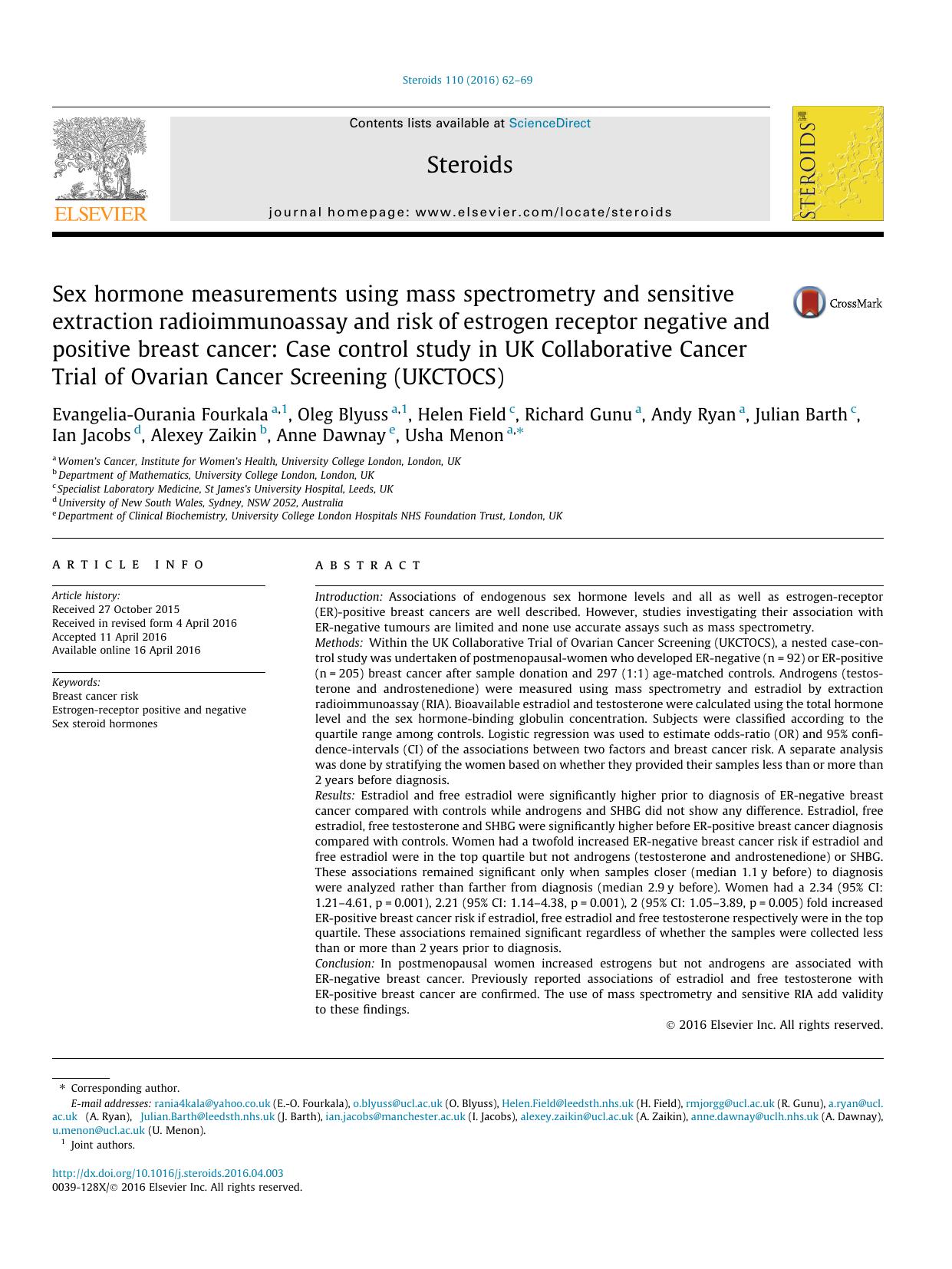 Sex hormone measurements using mass spectrometry and sensitive extraction radioimmunoassay and risk of estrogen receptor negative and positive breast cancer: Case control study in by unknow
