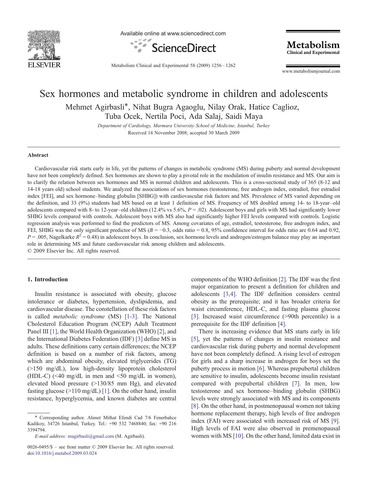 Sex hormones and metabolic syndrome in children and adolescents by unknow