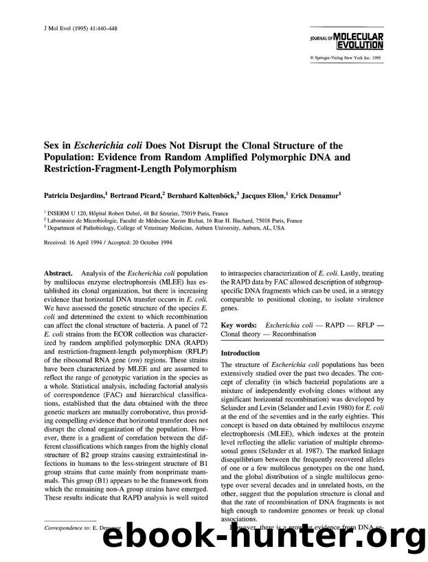 Sex in <Emphasis Type="Italic">Escherichia coli<Emphasis> does not disrupt the clonal structure of the population: evidence from random amplified polymorphic DNA and restriction-fr by Unknown