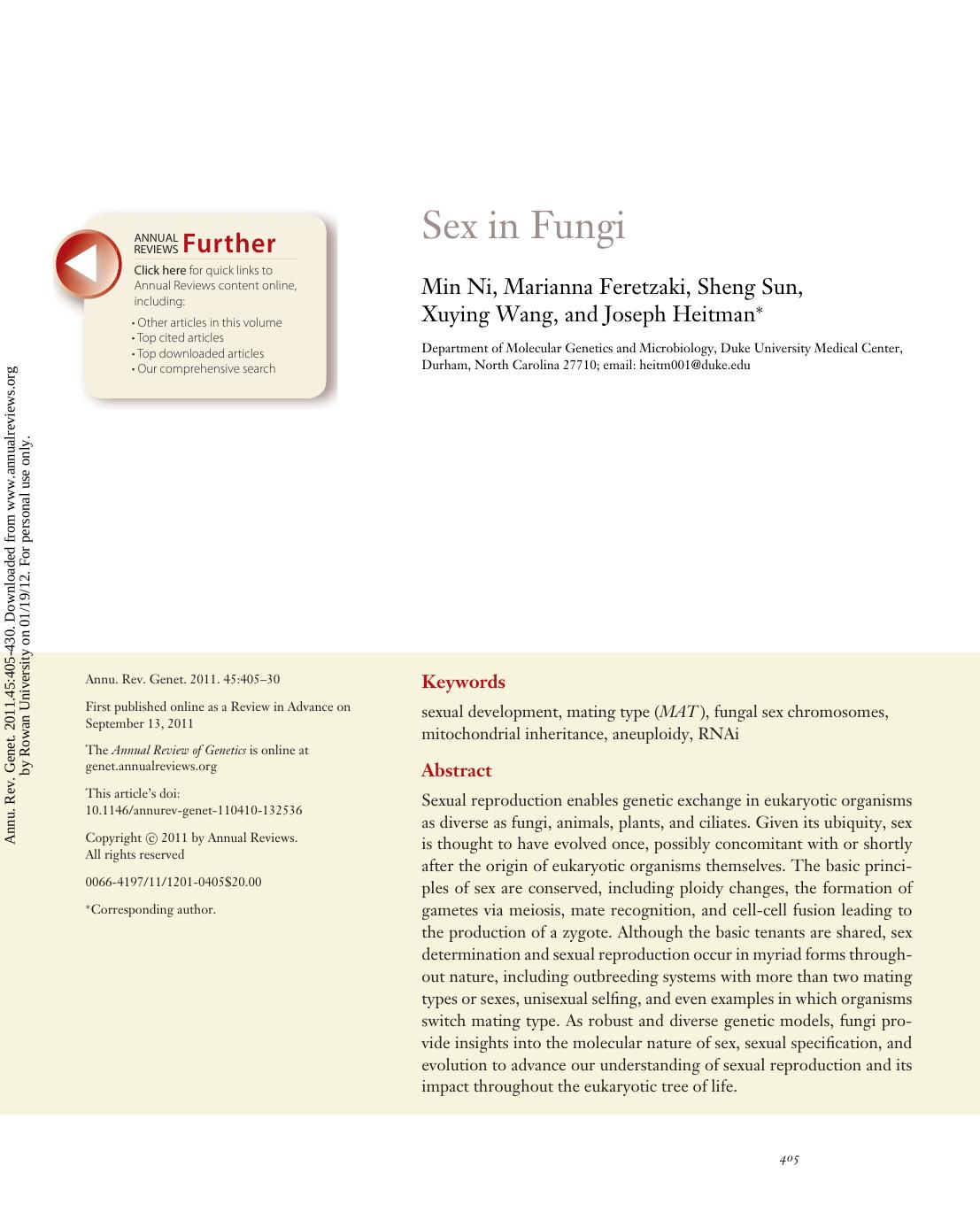 Sex in Fungi by Min Ni Marianna Feretzaki Sheng Sun Xuying Wang & Joseph Heitman*