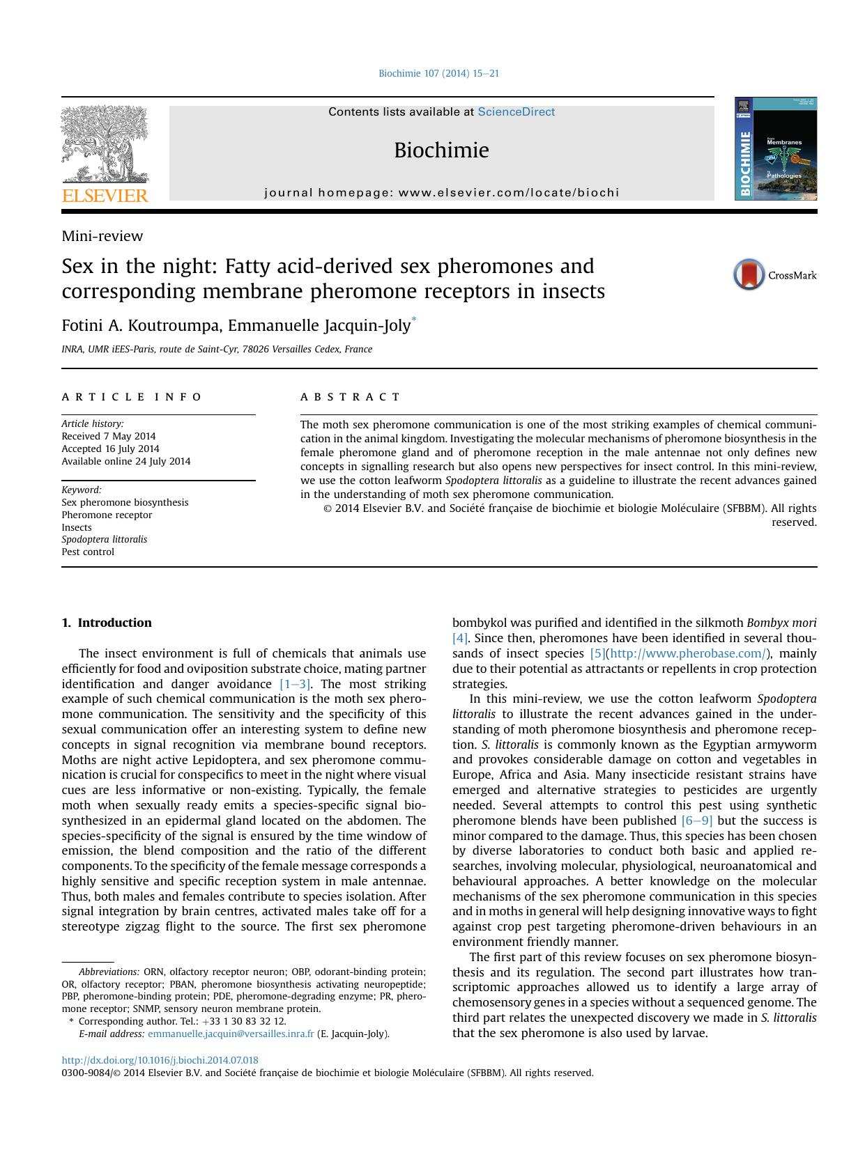 Sex in the night: Fatty acid-derived sex pheromones and corresponding membrane pheromone receptors in insects by Fotini A. Koutroumpa & Emmanuelle Jacquin-Joly
